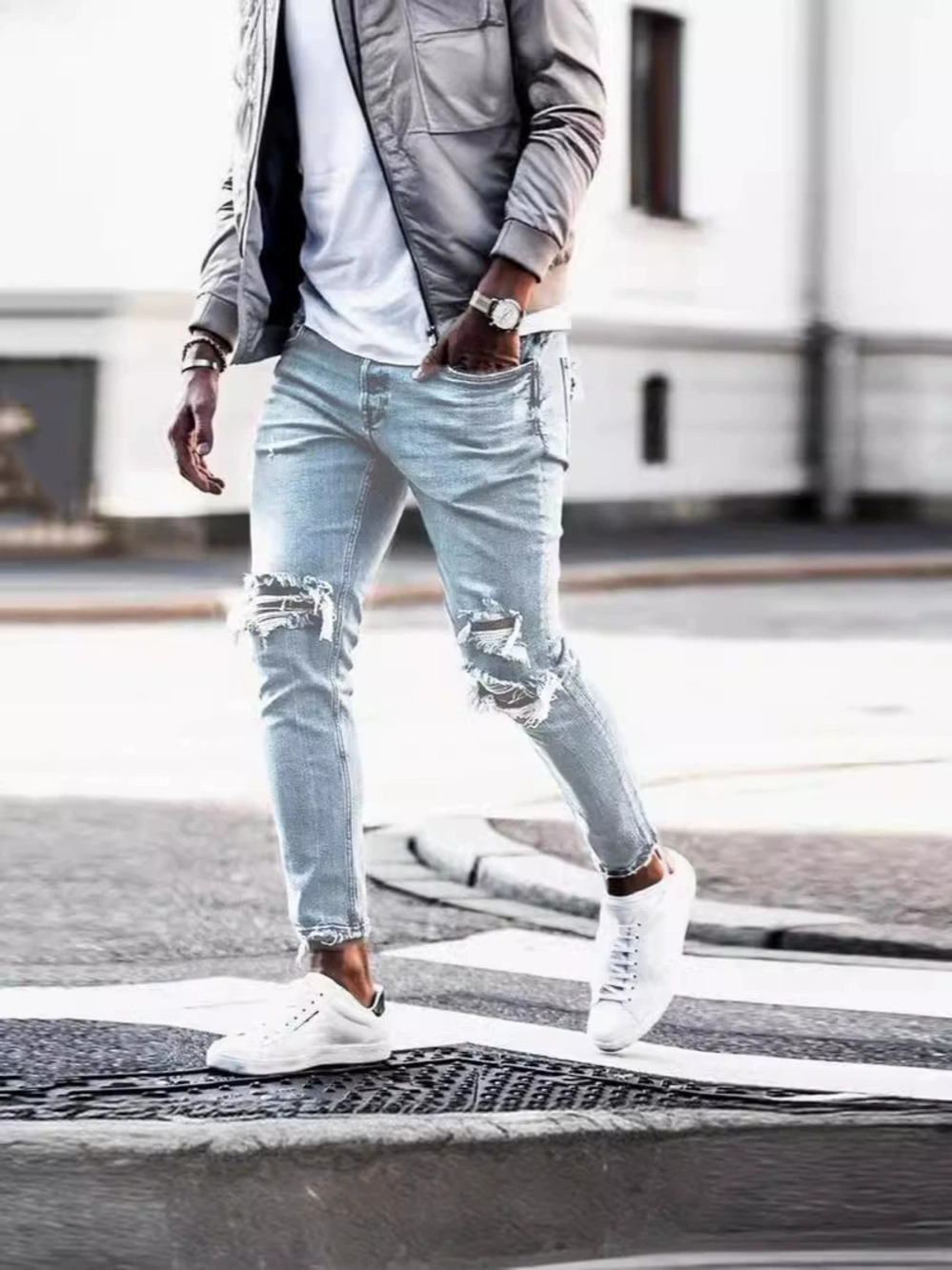 ZARA Factory Direct Fashion Washed Ripped Denim Jeans for Men